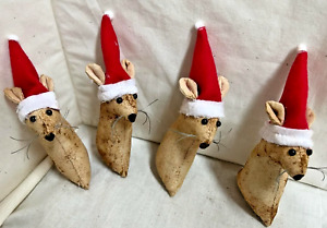 Christmas Santa Santa Hats Primitive Mice Set Of 4 Farmhouse Grunged