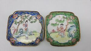 Two Antique Chinese Canton Enamel On Copper Pin Trays Young Lady