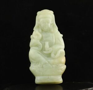 China Old Natural Jade Hand Carved Statue Of Guan Yin Pendant A7