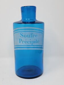 Antique Apothecary Blue Glass Jar Precipitated Sulfur C 1890