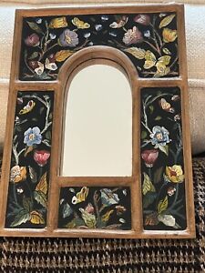 Vntg Reverse Painted Gilt Glass Wood Floral Butterflies Mirror 8 1 4 X 6 1 4 