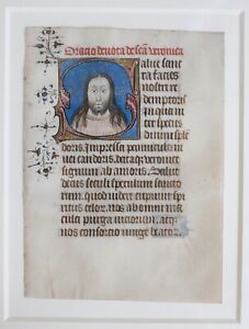Framed 15 Century Manuscript Leaf On Vellum With Miniature Of Jesus 