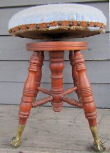 Antique Piano Stool W Glass Ball Claw Feet Eagle Upholstered Seat