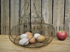 Antique Primitive Wire Egg Gathering Basket Round Squatty Aafa