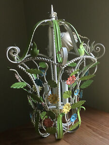 Beautiful Vintage Mid Century Italian Floral Chandelier Tole Metal Birdcage Styl