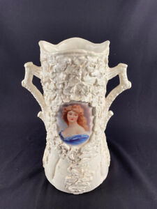 Victorian Collectable Antique Josef Strnact Tree Stump Vase With Portrait