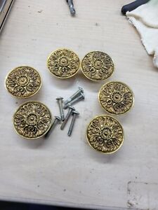 6 Pc Vtg Brass Cabinet Drawer Pull Handle Knobs With Screws
