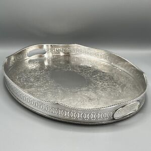 Large Vintage Silver Plated Gallery Butler Serving Tray Handles English Antique