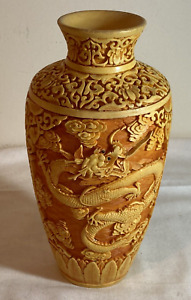 Vintage Chinese Deeply Carved Cinnabar Vase With Dragons 9 5 Tall
