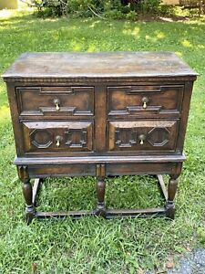 Antique English William And Mary Jacobean Style 4 Drawer Oak Chest Heavy Solid
