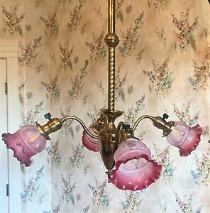 Antique Brass Four Armed Hanging Lamp Light Chandelier W Cranberry Shades
