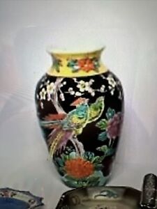 Pair Antique Japanese Famille Noir Black Enamel Porcelain Vase 8 Birds Flowers