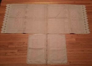 Arts Crafts Linen Matching Pillow Sham Runner W Fillet Crochet Overlays