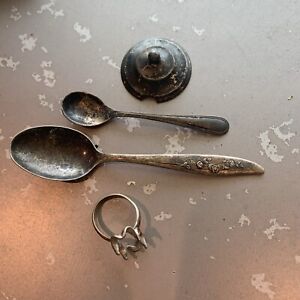 Vintage Sterling Scrap 28g 2 Small Spoons Ring Setting Jar Lid