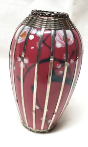 Antique Meji Period Japanese Awaji Vase Silver Basket Weave Cherry Blossoms
