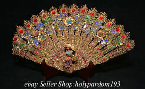 14 Old Chinese Copper 24k Gold Gilt Cloisonne Filigree Gems Peacock Phoenix Fan