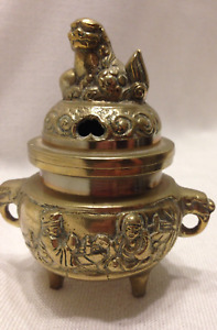 Vtg Brass Oriental Buddha Censer Handled Tripod Foo Dog Elephant Incense Burner
