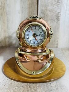 Nautical Copper Brass Divers Clock Diving Helmet W Wooden Base Desk Decor Works