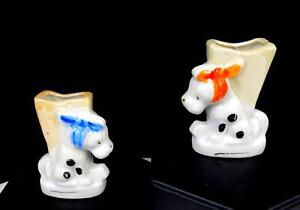 Japanese Porcelain Orange Blue Bow Spotted Toothache Dog 2 Pc 2 3 8 Mini Vase