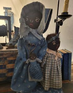 Primitive Handmade Sock Bottle Dolls Momma Baby In Old Blue Calico Set