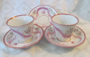 1800s Antique Pink Luster Dahlia Ribbon Ironstone Handleless Cups Tea Bowls