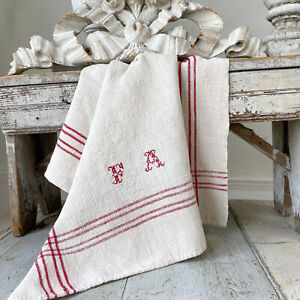 Vintage Hungarian Embroidered Towel Fa Monogram Red Striping Old Linen Hand Wor