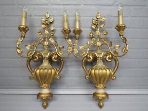 Vintage Antique Large Pair Italian Gold Gilt Flower Urn Wall Sconces 23 Tall