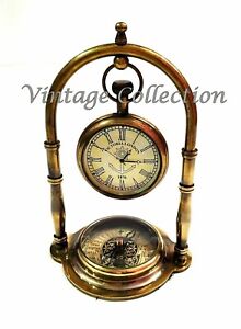 Desk Clock With Compass Vintage Victorian Brass Antique Home Office Decor Clock