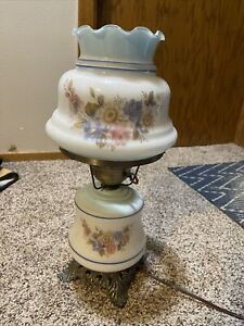 Vintage Lamp Powder Blue White Floral Design Hurricane Parlor Table Lamp