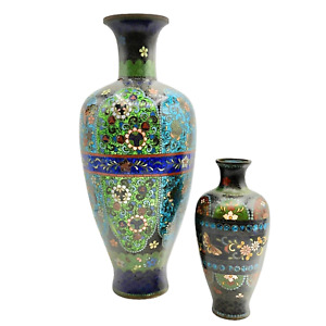 Vintage Japanese Cloissone Vase Set Meiji Enamel Ginbari Foil