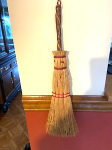 Vintage Handmade Artisan Woven Straw Hearth Broom Twisted Wood Handle 18 