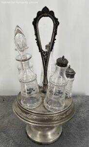Antique Castor Cruet Condiment Set Silver Plate Stand W 5 Etched Glass Bottles