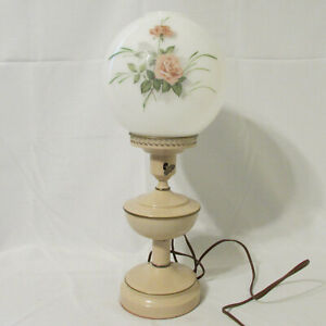 Vtg Mid Century Beige Gold Painted Metal Tole Electric Boudoir Lamp Glass Shade