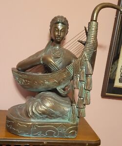 Large Antique Thai Hand Carved Wood Sculpture Maiden Playing Boat Shape Harp