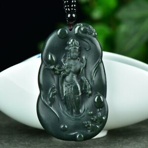 Chinese Hetian Gray Jade Hand Carving Buddhism Guanyin Kwan Yin Pendant