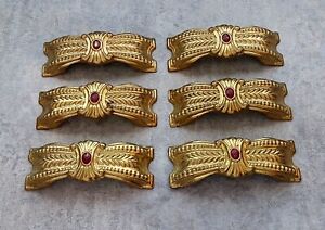 Antique Art Deco Drawer Pulls 4 Bore Brass Plated Steel Set Of 6 Gold Red