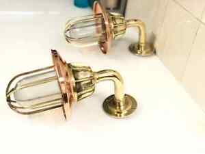 Nautical Arched Bulkhead Brass Wall Sconce Ship Light With Copper Shade 2 Pc