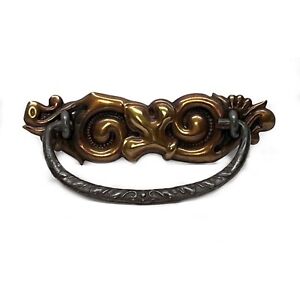 Antique Drop Bail Pull Handle Copper And Brass Tone Dresser Drawer Tin Backplate