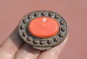 1930 S Chinese Copper Enamel Opium Pill Box Natural Coral Cabochon Marked