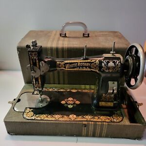 White Rotary Black Cast Iron Sewing Machine W Travel Case 1913 Vintage Antique