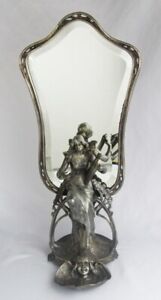 Antique Silver Metal Art Nouveau Beveled Glass Lady W Lyre Vanity Mirror W Tray