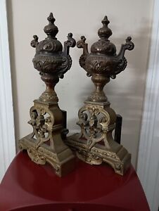 Antique 19th C Bronze Brass French Louise Xvi Style Urns Fireplace Andirons