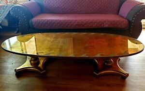 Mid Century Hollywood Regency Oblong Gold Tone Wood With Glass Top Coffee Table