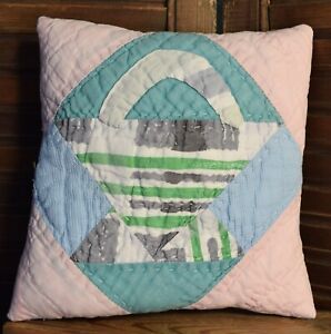 Primitive Small Basket Old Quilt Pillow 6 75 Blue Pink Green Gray