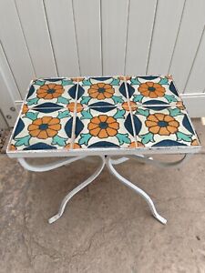 Vintage Tile Table Top Wrought Iron California Accent Floral Blue Orange White
