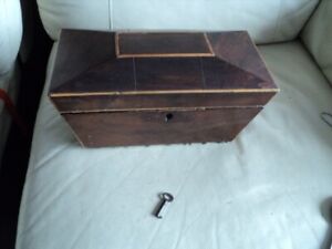 Antique Mahogany Tea Caddy Converted To Trinket Box With Lock Key