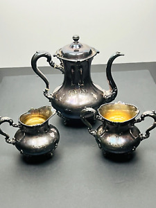 Vtg Set Of 3 Teapot Creamer Sugar Meriden B Company Monogram Silver Plate 2027