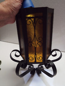 Vtg Mission Amber Gothic Black Wrought Iron Antique Wall Sconce Light Fixture