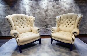 Magnificent Pair Of Italian Leather Chesterfield Wingback Lounge Chairs