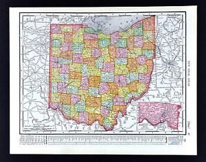 1908 Rand Mcnally Map Ohio Cleveland Columbus Cincinnati Toledo Sandusky